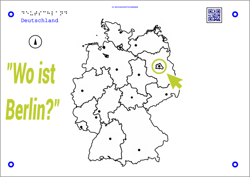 Le graphique audio-tactile intitulé « Allemagne » a une fonction particulière dans le mode interaction. Voici la carte de l'Allemagne. Le contour extérieur des Länder est visible. Les villes sont représentées par des petits points. La fonction « Rechercher un objet » invite l'utilisateur à rechercher des emplacements spécifiques sur la carte. Il demande par exemple : « Où est Berlin ? ». Le Tactonom Reader indique si la solution est correcte.