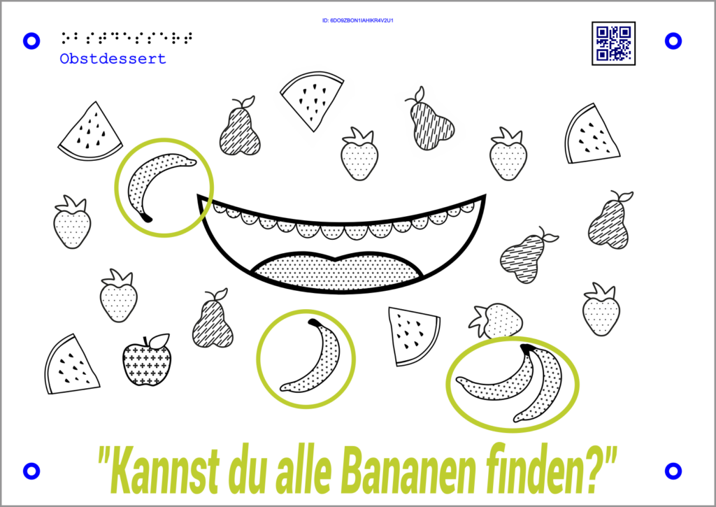 The audio-tactile graphic entitled "Fruit Dessert" has a special function in the interaction mode. Shown is a large mouth in the middle. Various groups of fruit are distributed all around. The "Find Groups" function prompts the user to identify specific groups and provides feedback on whether the selected elements belong to the searched group or not.