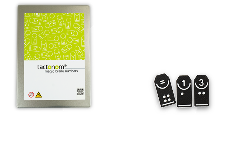 product photo of the tactonom magic braille number box with three magic braille number tiles on the right: "=", "1" and "3"
