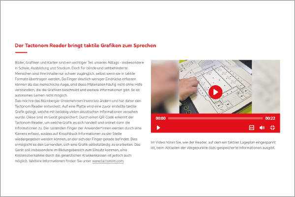 Vorschaubild Artikel mit der Überschrift "Der Tactonom Reader bringt taktile Grafiken zum Sprechen." Rechts daneben ist ein Foto zu sehen, dass einen taktilen Grundriss zeigt.