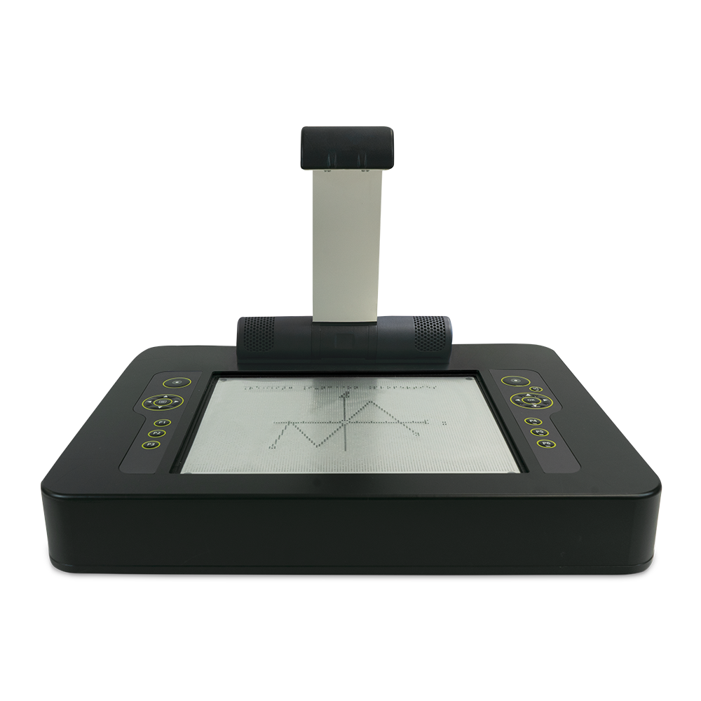 This is a product photo of the Tactonom Pro, photographed from the front and isolated on a white background. The device’s control buttons are located to the left and right of the graphic surface, on which a mathematical function is displayed. In the center behind the graphic surface, the camera arm extends upward. The speaker boxes are located to its left and right.