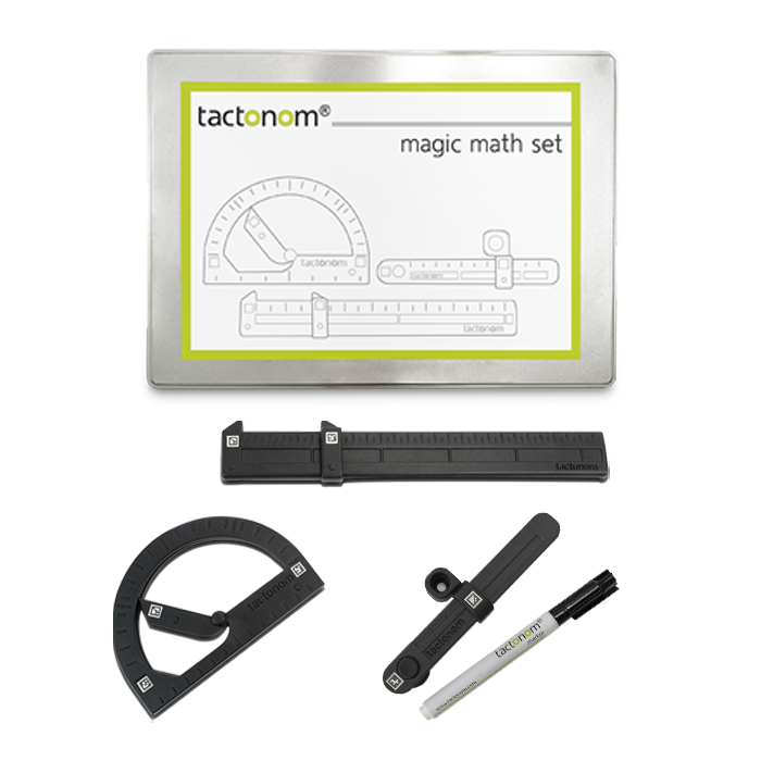 Das Foto zeigt das Magic Math Set mit magischem Lineal, Winkelmesser, Zirkel und Box