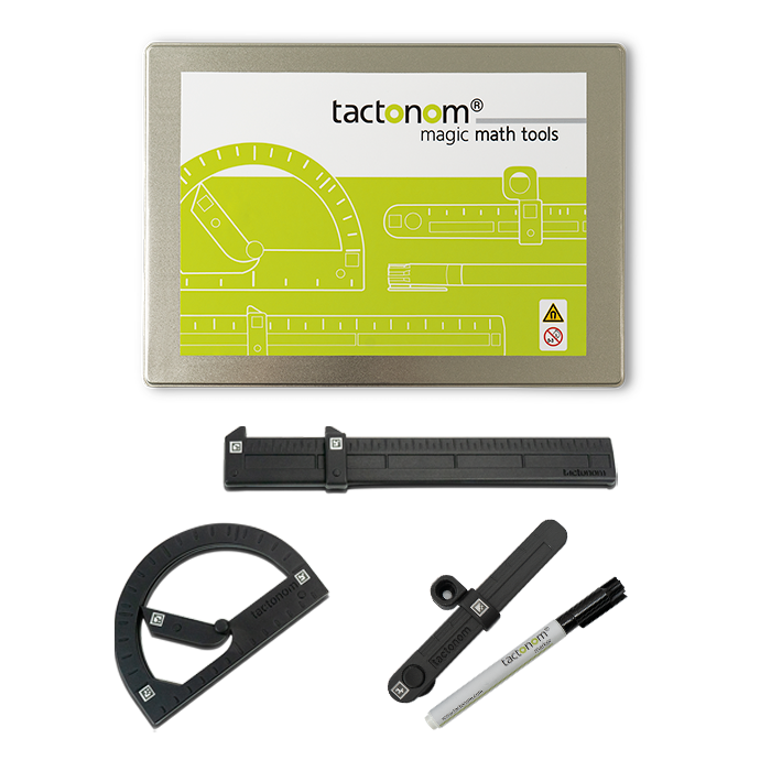 Das Foto zeigt das Magic Math Set mit magischem Lineal, Winkelmesser, Zirkel und Box